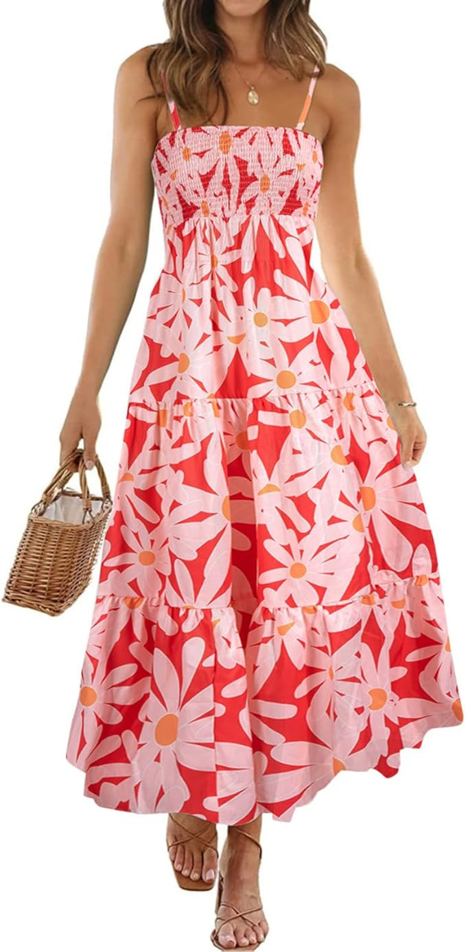 MYHALF Maxi Hawaiian Dresses for Women: Summer Boho Floral Sleeveless Spaghetti Strap Smocked Tie... | Amazon (US)