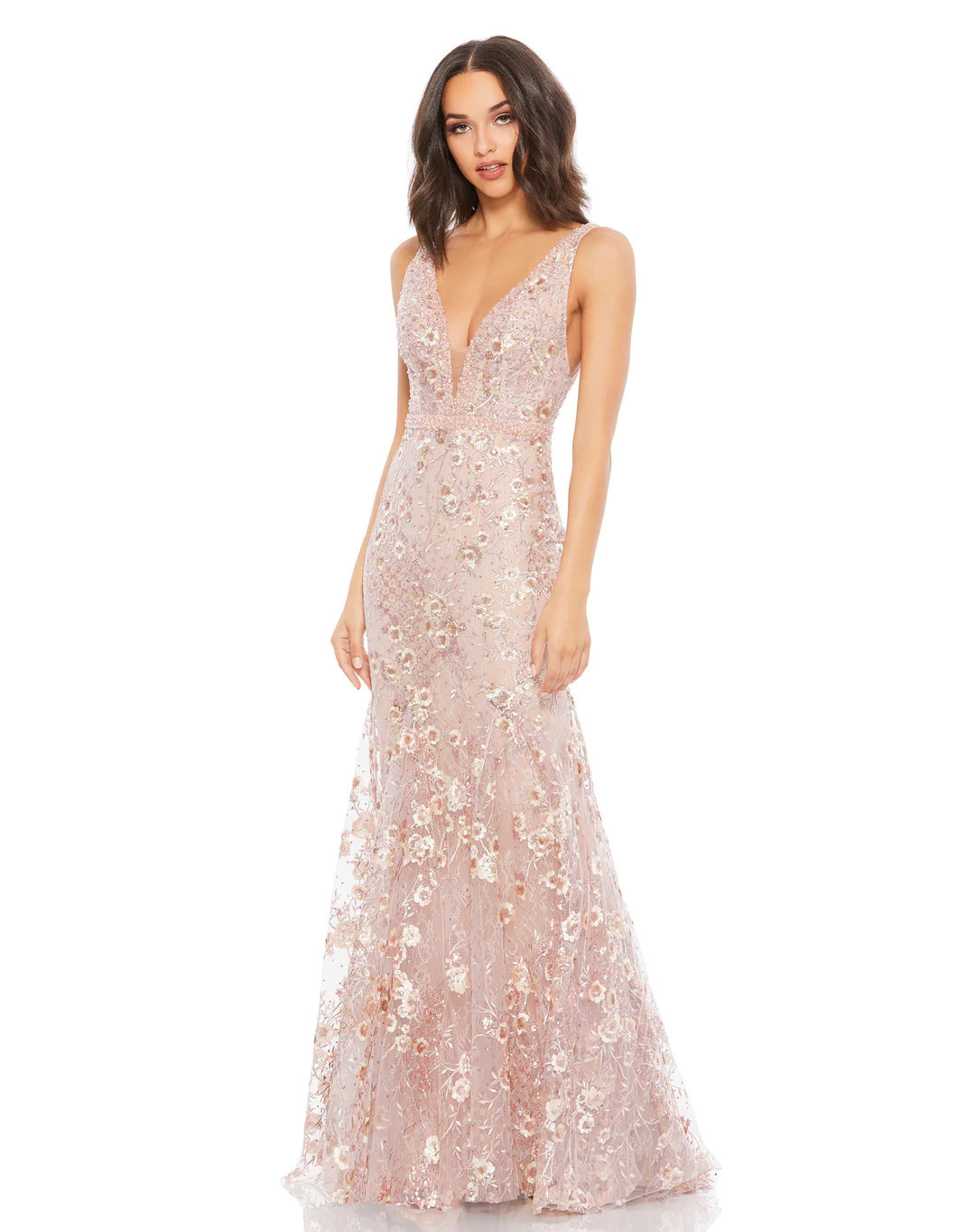 Floral Embellished Sleeveless Plunge Neck Gown | Mac Duggal