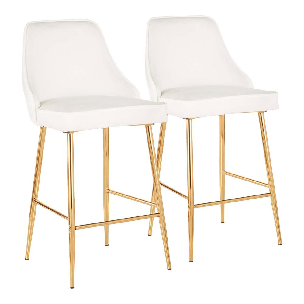 Lumisource Marcel 25 in. Gold Metal Counter Stool with White Velvet Upholstery (Set of 2), White Vel | The Home Depot