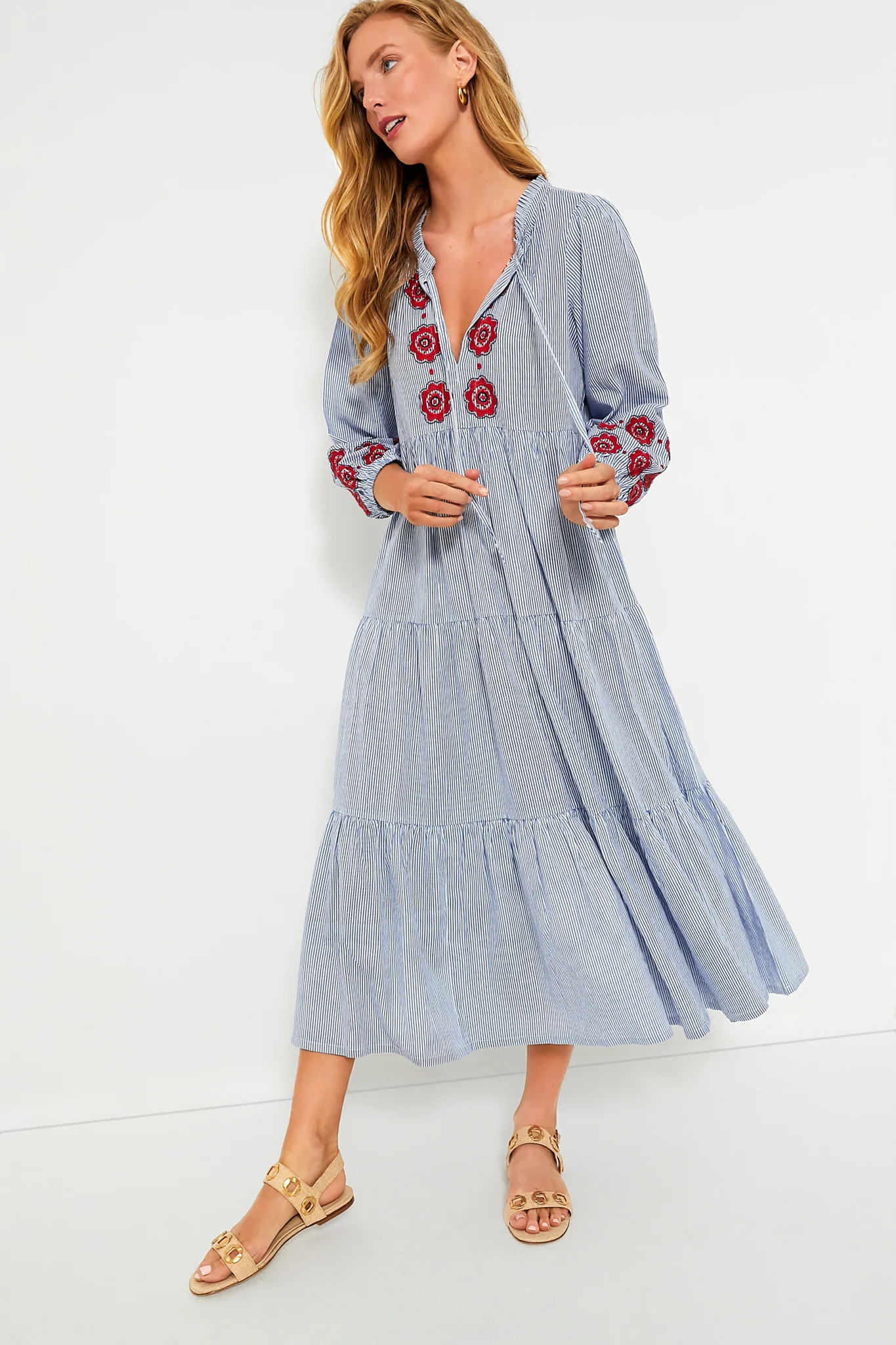 Navy Prism Embroidered Gingham Long Sleeve Salty Paloma Caftan | Tuckernuck (US)