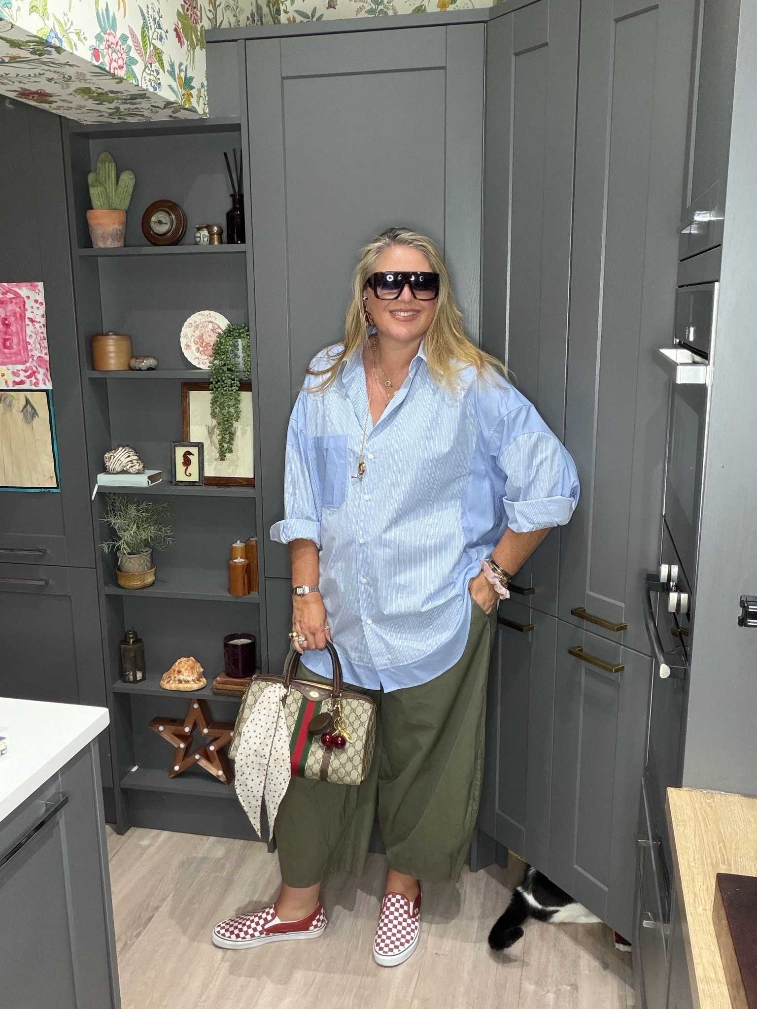 Khaki trousers, striped shirt, checkerboard vans, brown tote bag, brown sunglasses

#LTKautumn #LTKplussize #LTKover50style