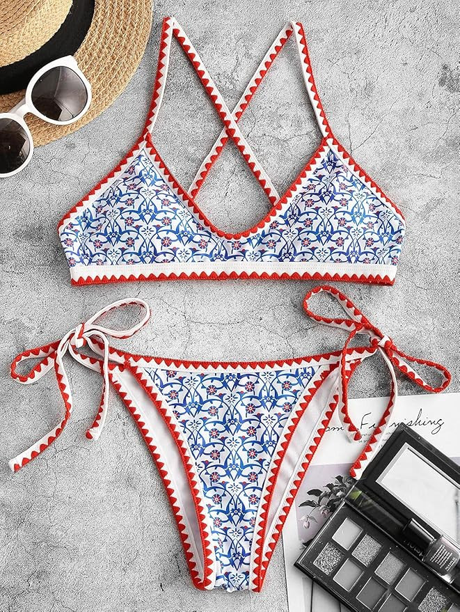 ZAFUL Women's Bohemian Swimsuit Strappy Tie Side Bikini Set Triangle Cheeky String Brazilian Swim... | Amazon (US)