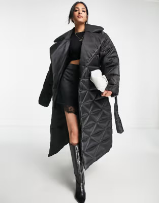 ASOS DESIGN nylon quilted maxi puffer coat in black | ASOS (Global)