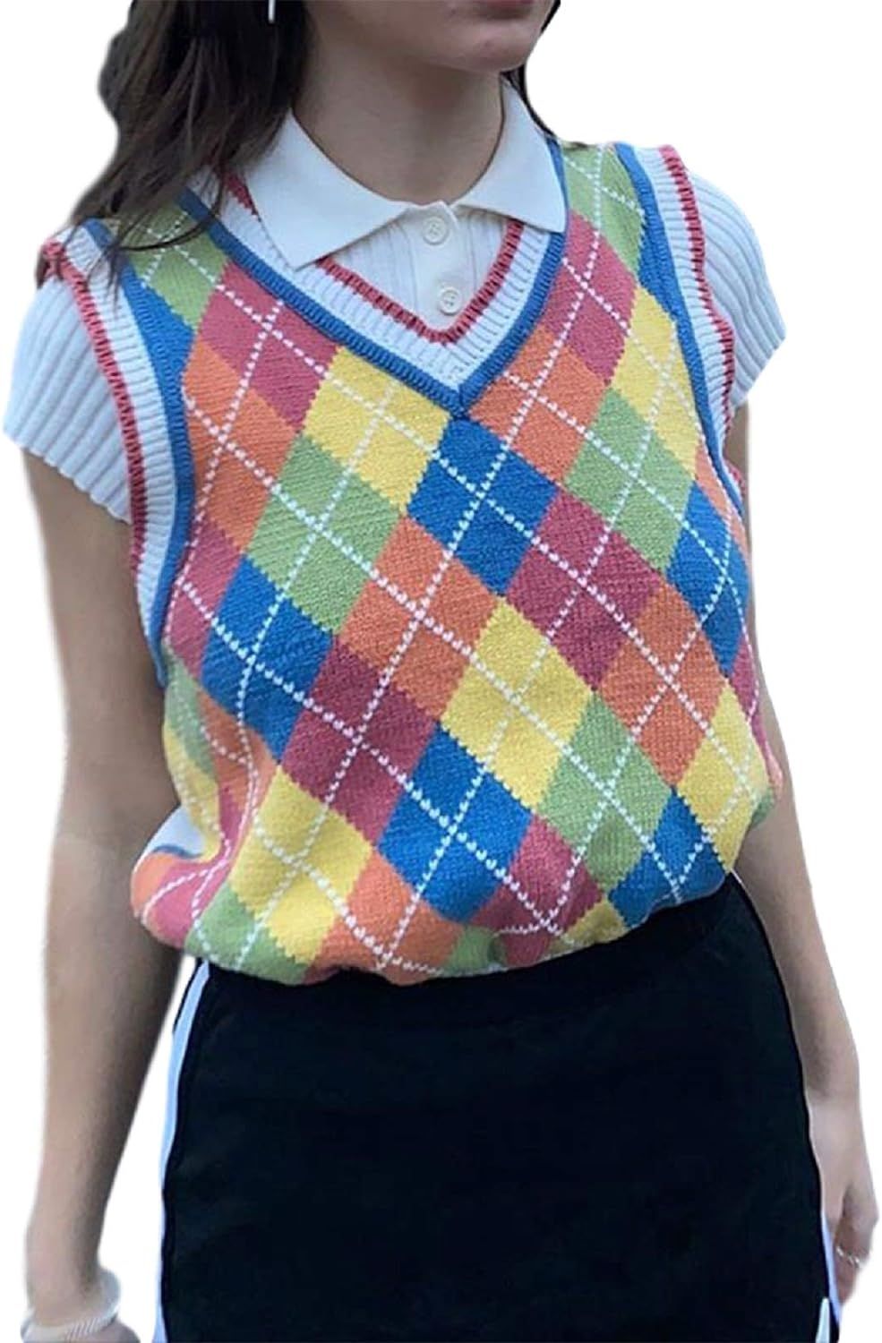 KMBANGI Women Streetwear Preppy Style Knitwear Tank Top Y2K Argyle Sweater Vest Waistcoat Clothes | Amazon (US)