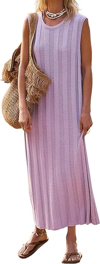 SAFRISIOR Women Sleeveless Sweater Midi Dress Scoop Neck Loose Fit Knitted Dress Solid Casual Tan... | Amazon (US)