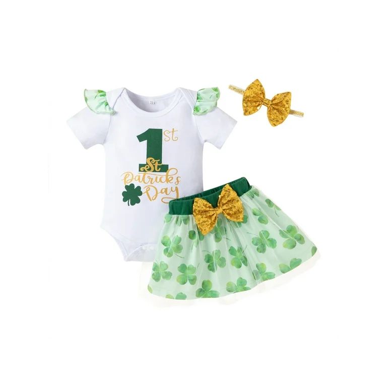 Canis 1st St Patricks Day Baby Girl Outfit Short Sleeve Romper Clover Tulle Tutu Skirt Headband 3... | Walmart (US)
