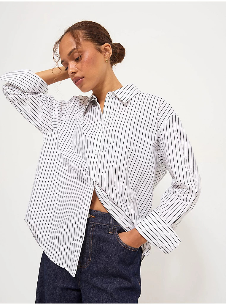 White Navy Stripe Long Sleeve Shirt | George