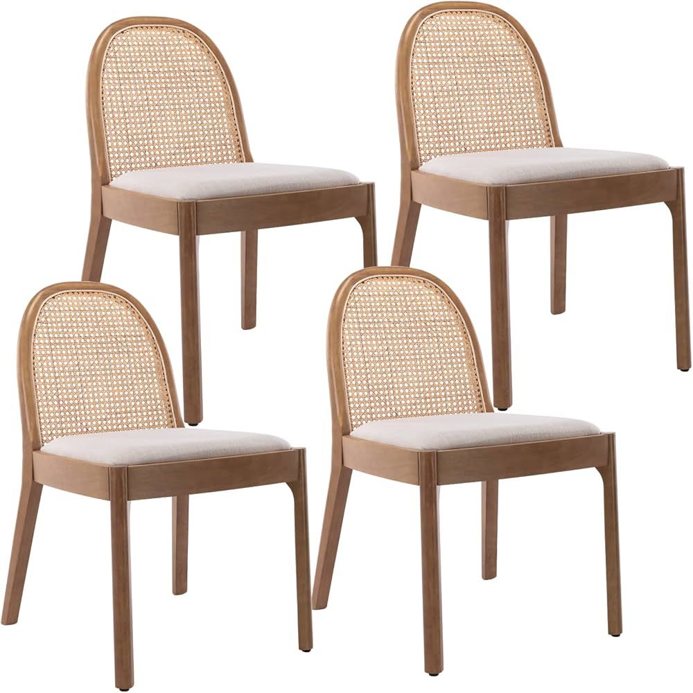 LukeAlon Modern Linen Dining Chairs Set of 4, Natural Woven Rattan Cane Back Side Chairs with Sol... | Amazon (US)