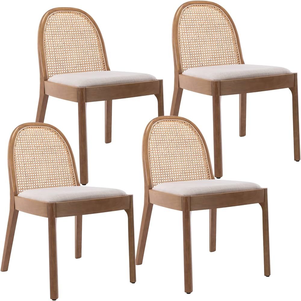 LukeAlon Modern Linen Dining Chairs Set of 4, Natural Woven Rattan Cane Back Side Chairs with Sol... | Amazon (US)