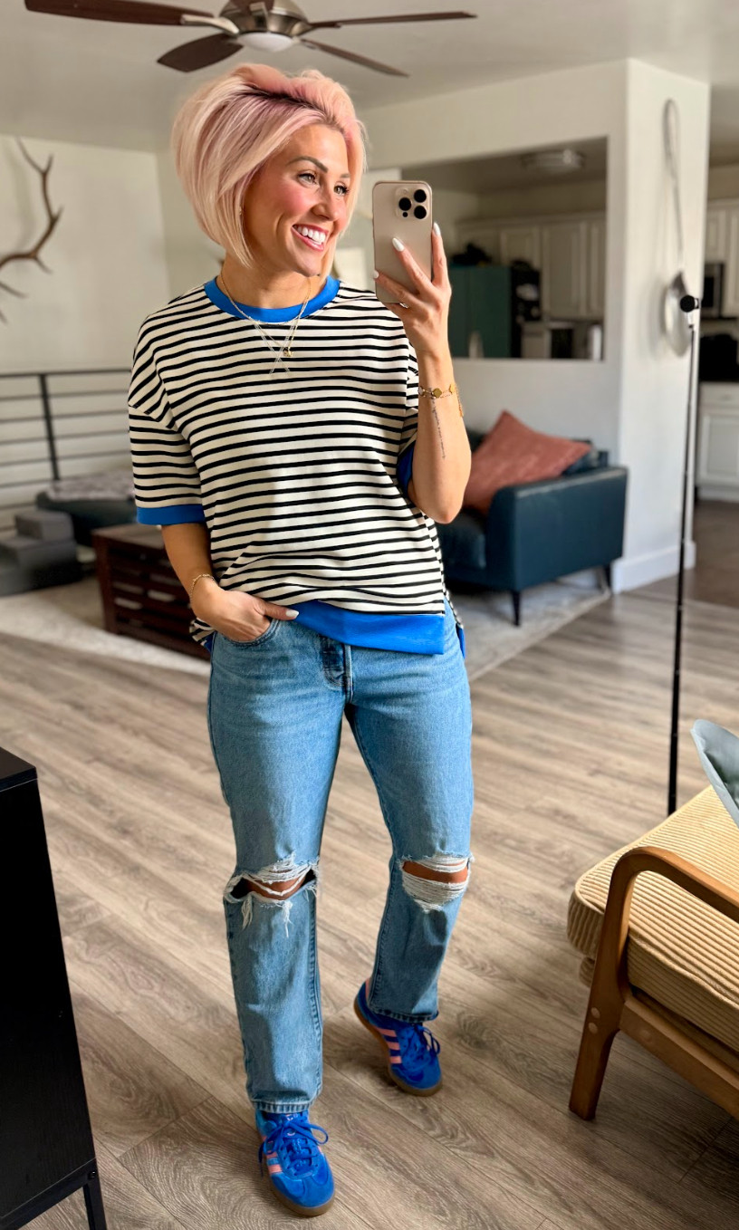 Loving this striped tee and distressed denim combo! Perfect for a casual day out. Pants: 29 // Top: Small // Shoes: TTS 

 #LTKootd