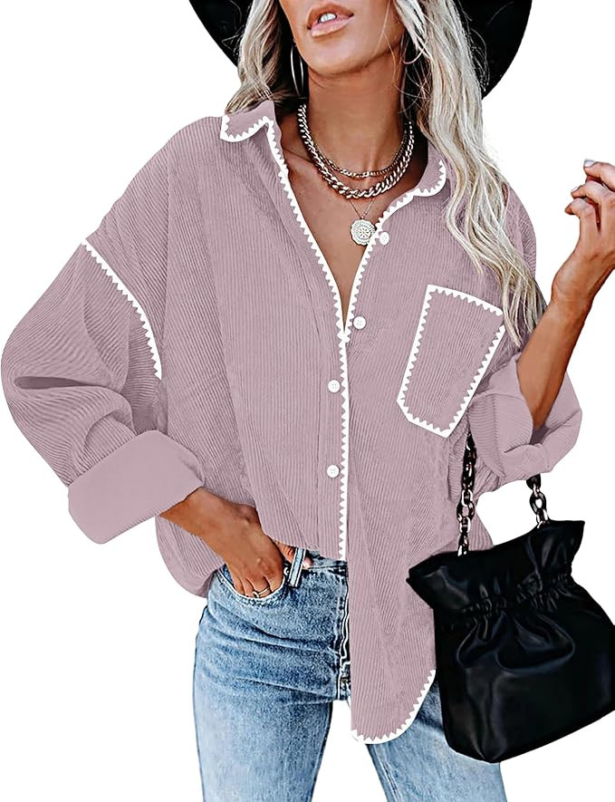 ZESICA Womens 2024 Fall Corduroy Shacket Jacket Long Sleeve Button Down Shirt Oversized Blouses T... | Amazon (US)