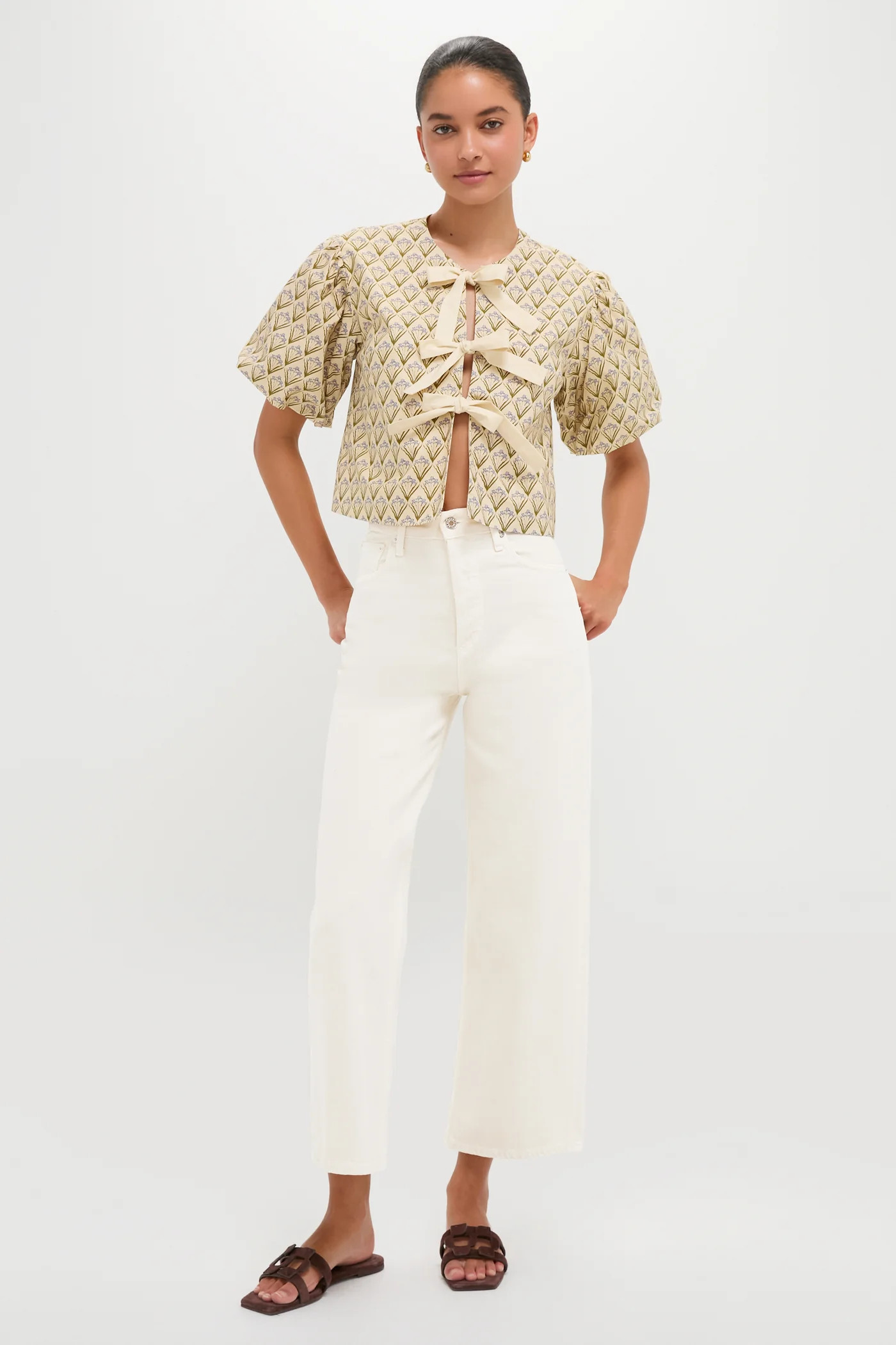 Beige Trellis Floral Tie Crossvine Blouse | Tuckernuck (US)