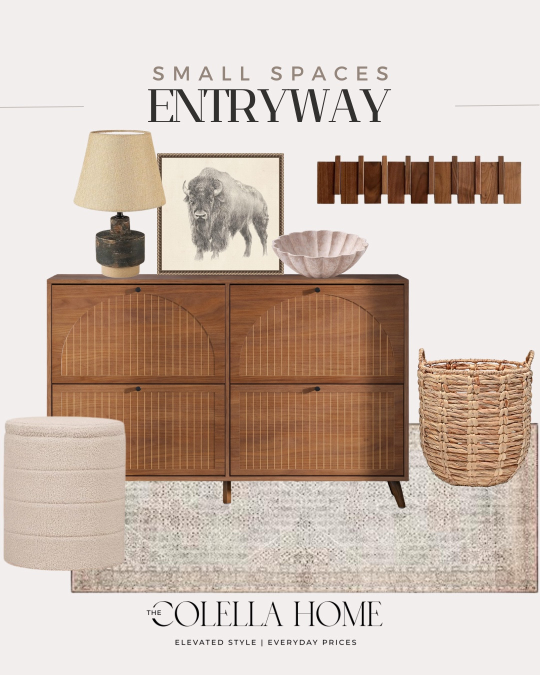 Styled entryway for small spaces include decorative basket, runner rug, storage ottoman, shoe storage, decorative bowl, wall art, table lamp, and hooks.

Home decor, home accents, styled home

#LTKSaleAlert #LTKHome #LTKvlog