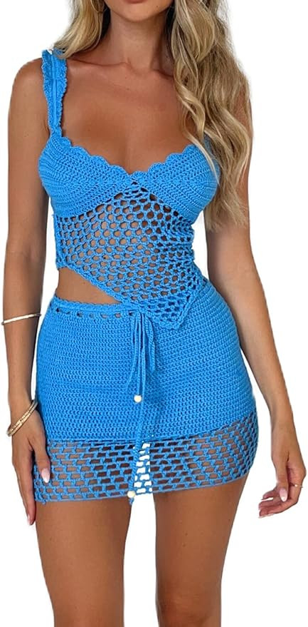 Sunloudy Women 2Pcs Crochet Knit Skirt Set Tube Crop Top + High Waist Bodycon Skirt Cover Up Beac... | Amazon (US)