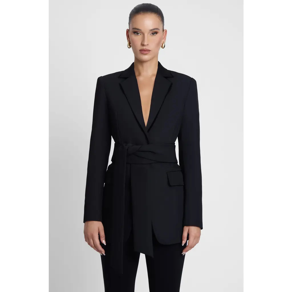 LEAU Classic Column Tailored Belted Blazer in Black at Nordstrom, Size Medium | Nordstrom