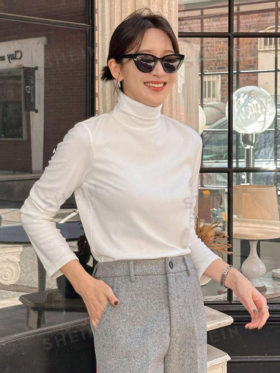DAZY Women's Solid Color Turtleneck Long Sleeve Casual Pullover T-Shirt For Spring & Autumn | SHEIN