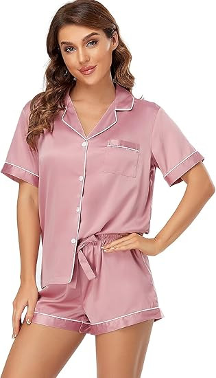 Serenedelicacy Women's Satin Pajama Set 2-Piece Sleepwear Loungewear Button Down Short Sleeve PJ ... | Amazon (US)