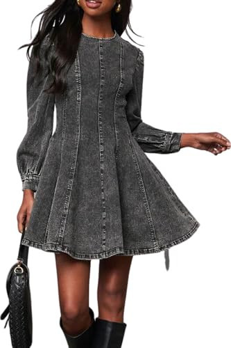 yoeasy Women's Denim Dress Long Sleeve Crewneck A Line Swing Ruffle Casual Mini Babydoll Jean Dresses (Small, Black) | Amazon (US)