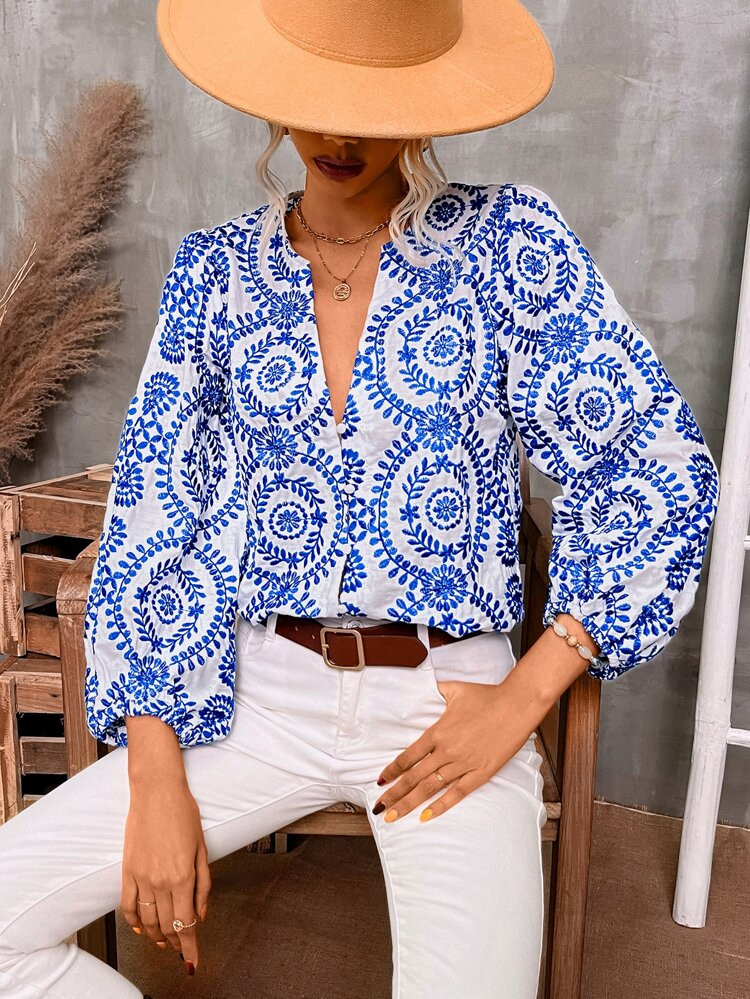 SHEIN VCAY Floral Print Lantern Sleeve Blouse | SHEIN