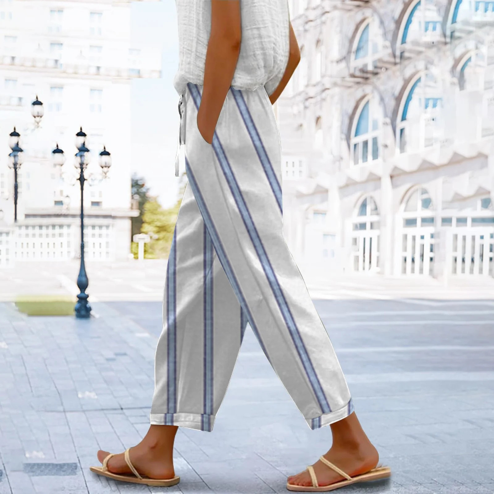 Valueadd Women's Floral Cropped Linen Pants Summer Elastic Waist Straight Leg Casual Pants With P... | Walmart (US)