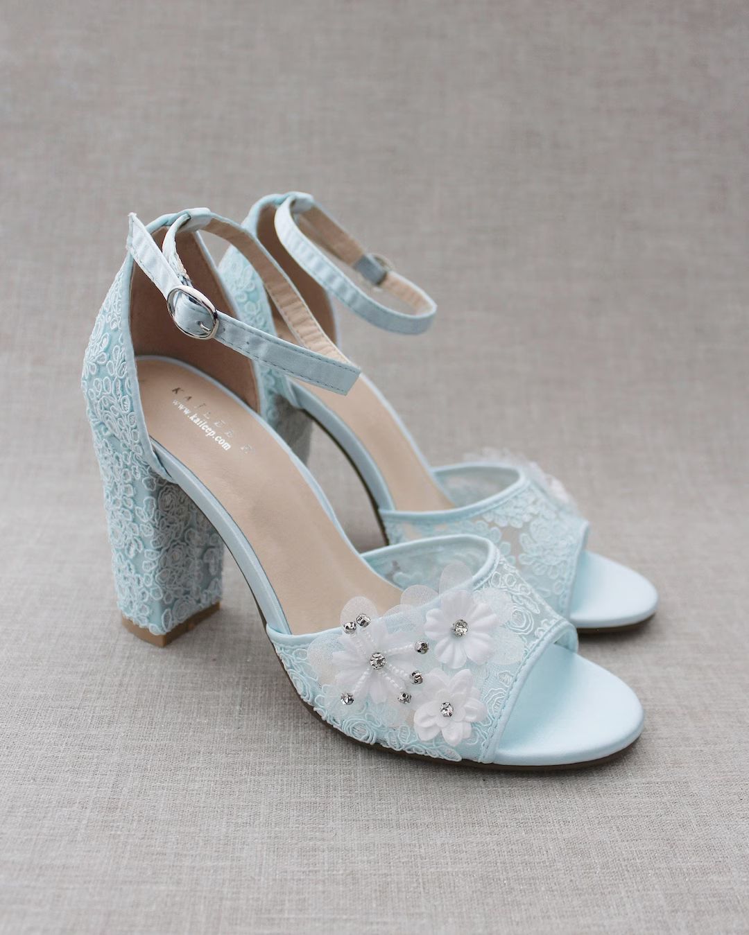 Light Blue Crochet Lace Block Heel Sandals With Flower Applique Women Wedding Shoes, Bridesmaids ... | Etsy (US)