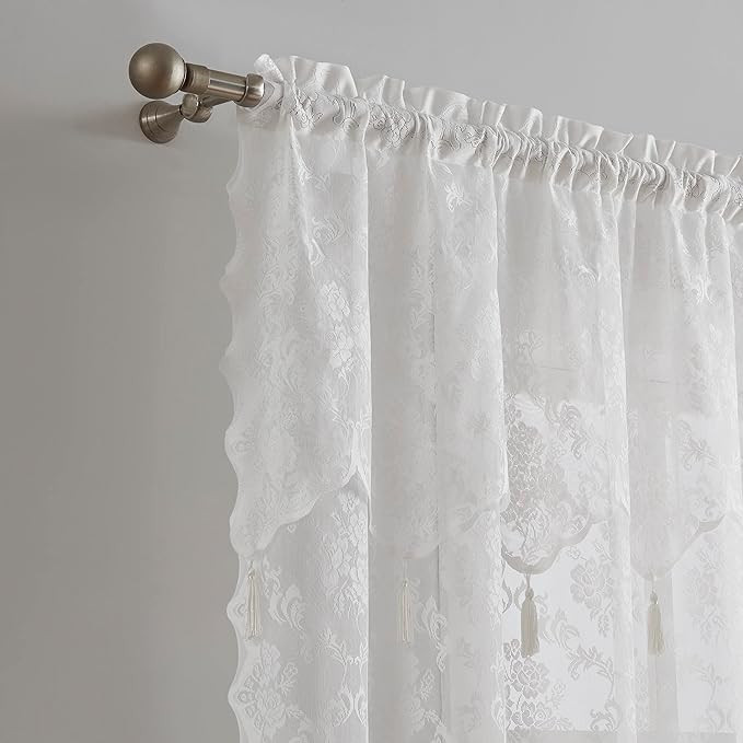 Warm Home Designs Pair of Ivory Lace Curtains with Attached Valance and 6 Tassels Per Panel. Shee... | Amazon (US)