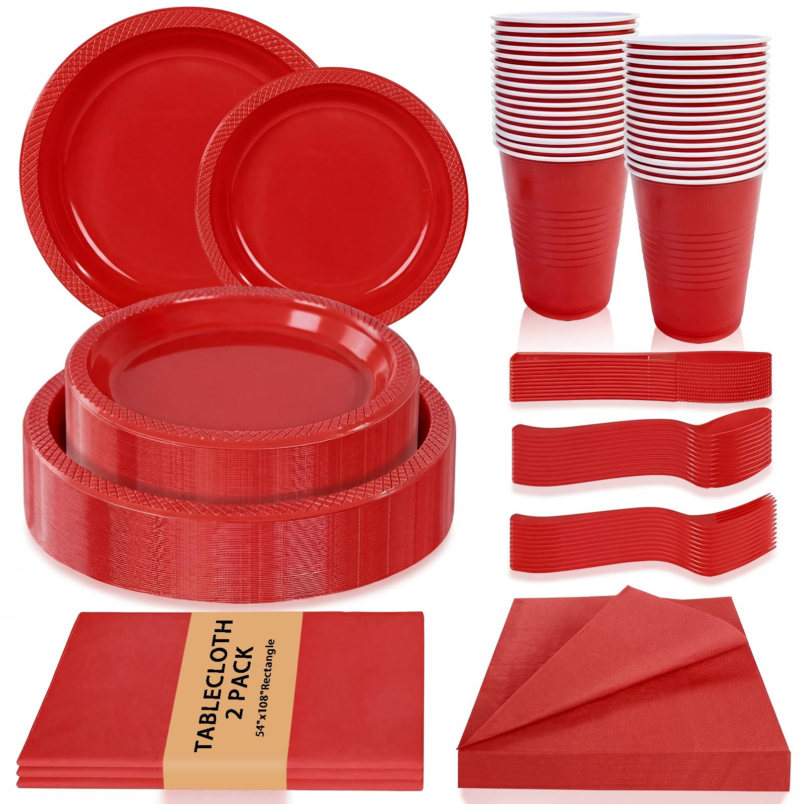 Tinybee 352 Pcs Red Plastic Plates for Party – Red Disposable Dinnerware Set for 50 Guests – ... | Amazon (US)