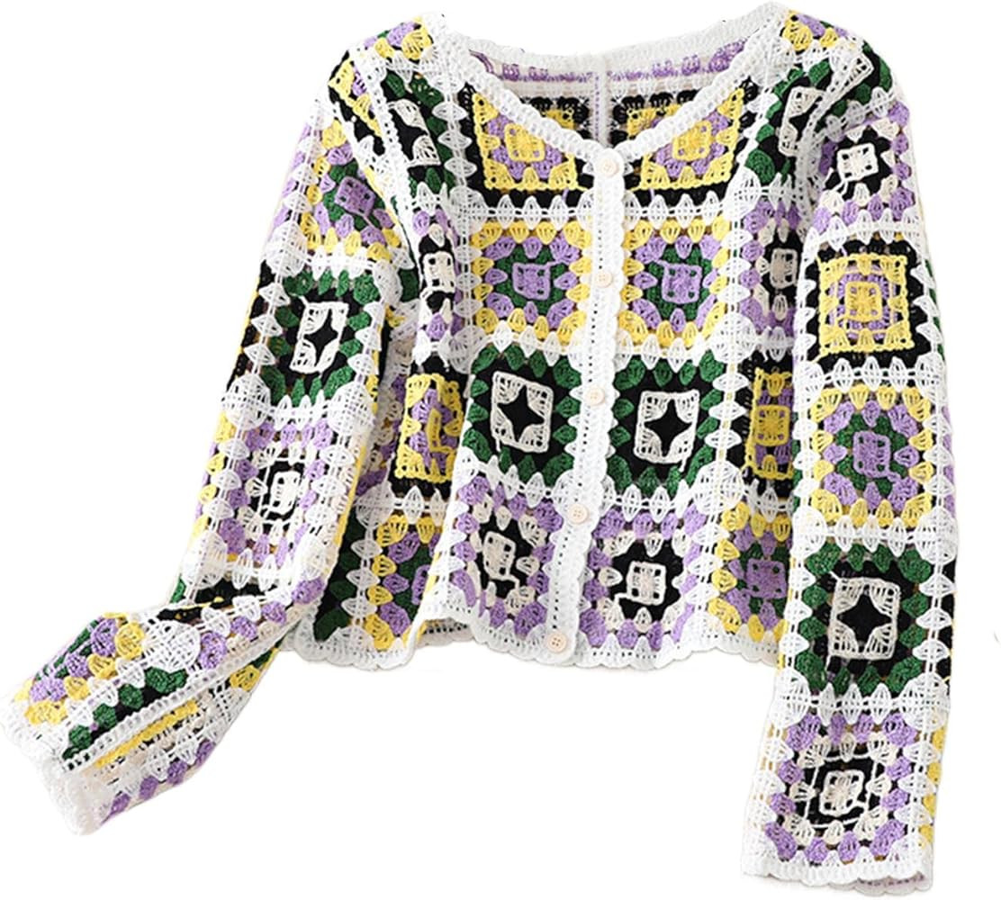 Women Y2k Crochet Floral Knit Pullover Long Sleeve V Neck Sweater Aesthetic Hollow Out Oversized ... | Amazon (CA)