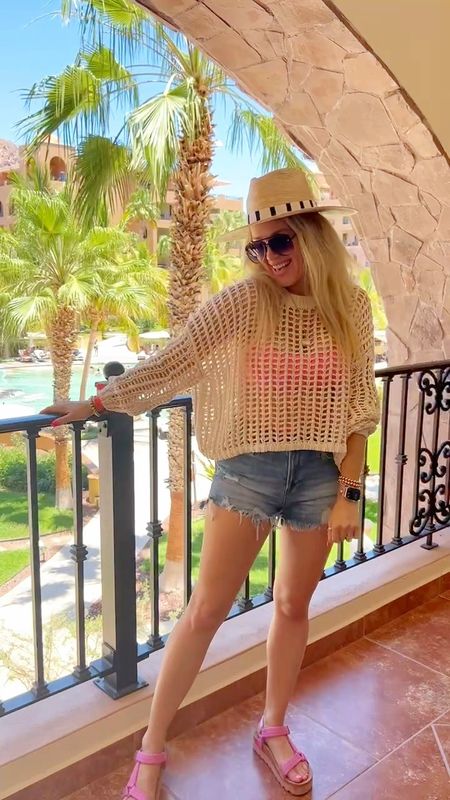 Fun in the sun ☀️ crochet beachy top over my swimsuit that matches my sandals is such a fun vacay vibe! Also, don’t forget your hat and fav sunscreen! 

#LTKSeasonal #LTKStyleTip #LTKVideo