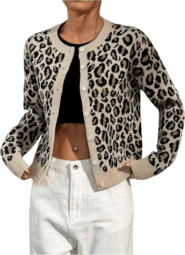 Women's Leopard Print Cardigan Sweater Drop Shoulder Cardigan Cheetah Button Down Crewneck Cardig... | Amazon (US)
