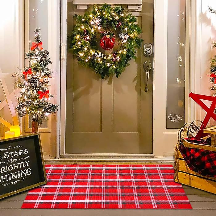 Christmas Red Green White Plaid Rug, 28" x 43" Cotton Hand-Woven Buffalo Check Layered Door Mat f... | Amazon (US)