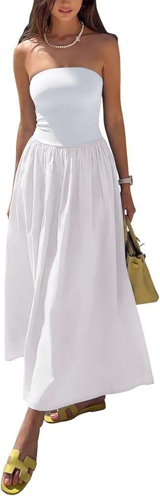 REORIA Women's Summer Tube Top Maxi Dress Sexy A Line Flowy Wedding Guest Long Dresses with Pocke... | Amazon (US)