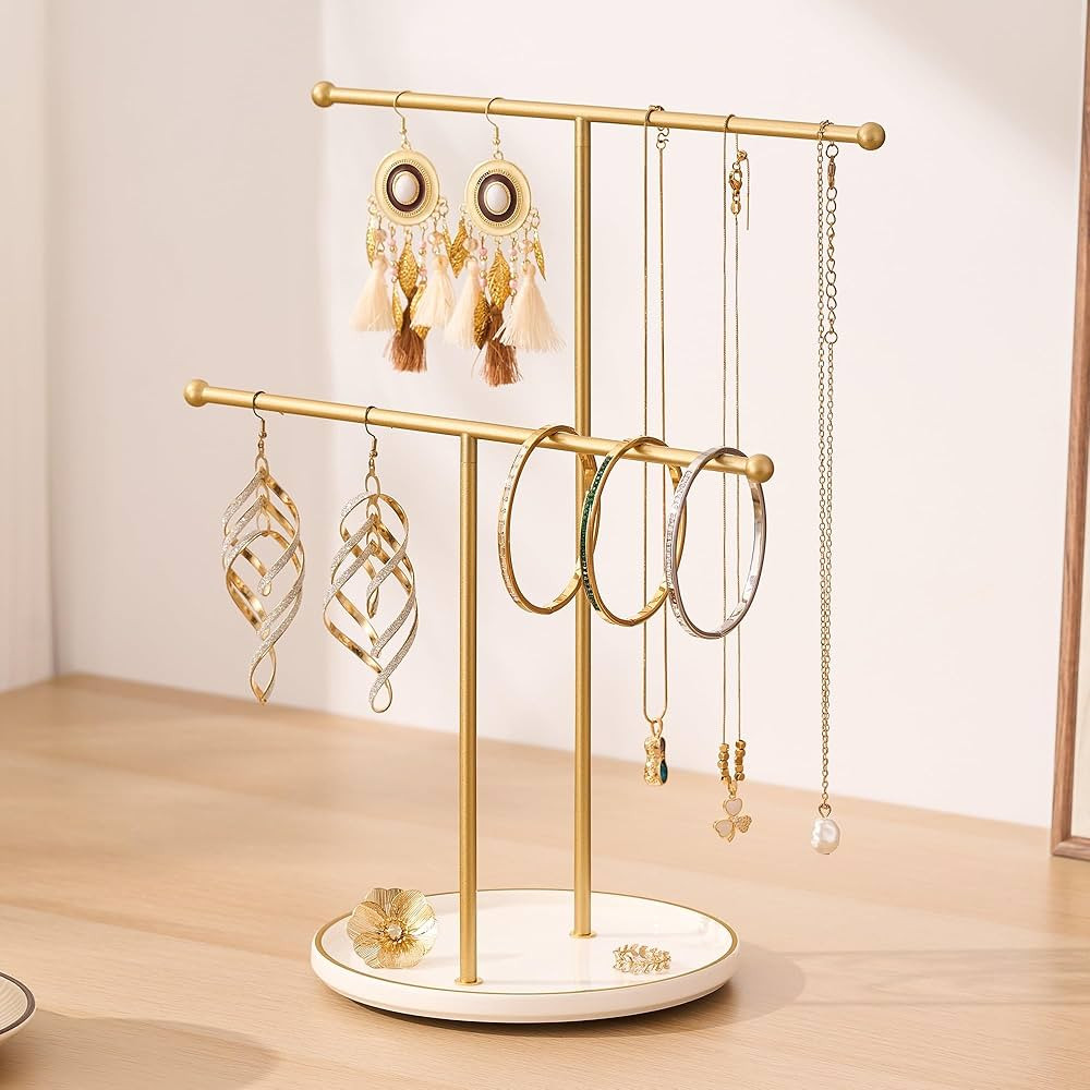 Gold Jewelry Holder Stand with Ceramic Tray: Small Hanging Necklace Organizer Tree for Earrings, ... | Amazon (US)