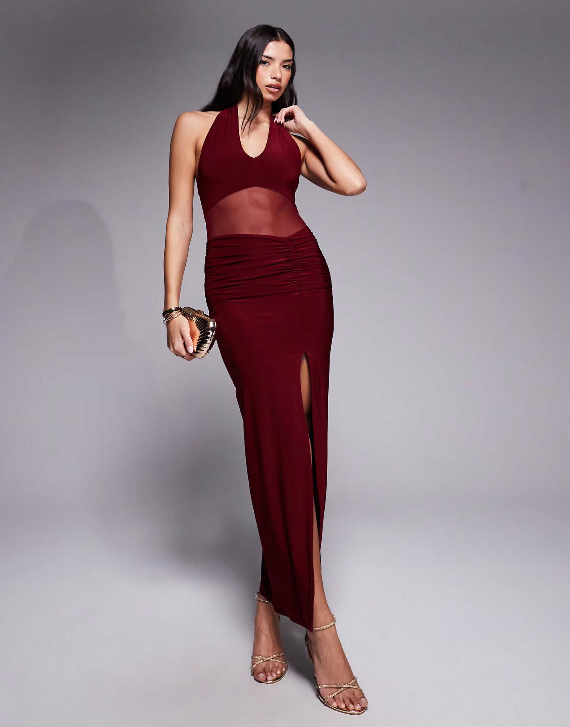 Kaiia exclusive double layered slinky halterneck sheer mesh panel maxi dress in burgundy | ASOS | ASOS (Global)