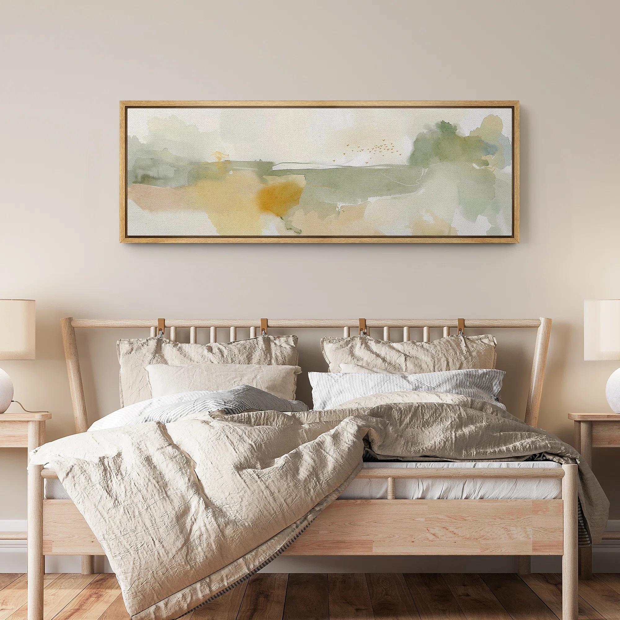 Abstract Green Beige Neutral Wall Prints Minimalist Modern Panoramic Horizontal Boho Wall Art Dec... | Wayfair North America