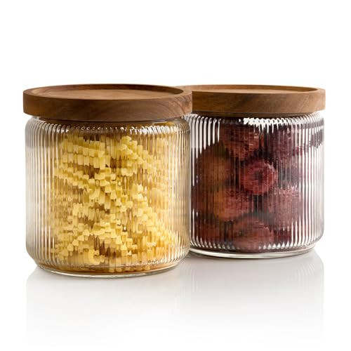 Mason & Fable Ribbed Glass Jar, Stackable & Airtight Wooden Lid- Storage Canister for Cereal, Pasta, Rice/Flour - High End Look for Kitchen, Pantry, Bar Organization - 40oz, Set of 2 | Amazon (US)