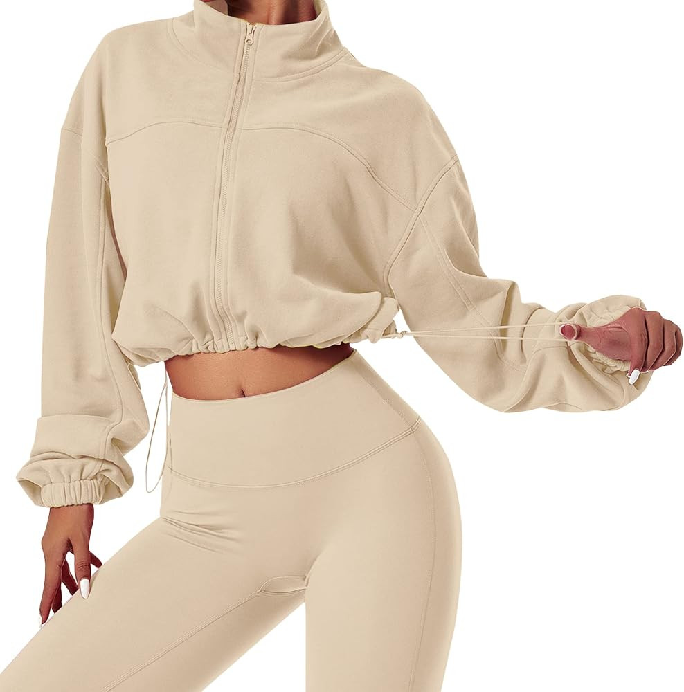 MISSACTIVER Women Casual Zip Up Stand Collar Crop Workout Sweatshirt Long Sleeve Drawstring Hem C... | Amazon (US)