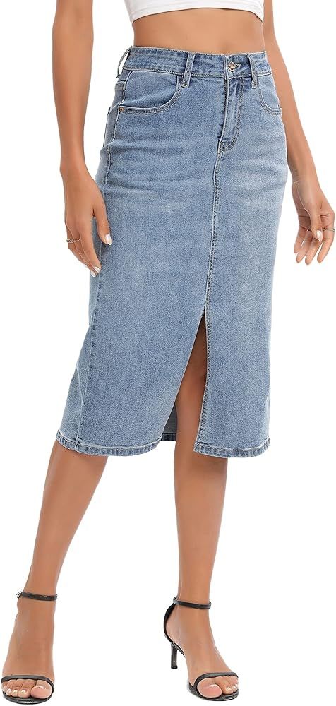 ETTELO Midi Denim Skirt High Waisted Slit Casual Stretch Knee Length Jean Skirt for Womens | Amazon (US)