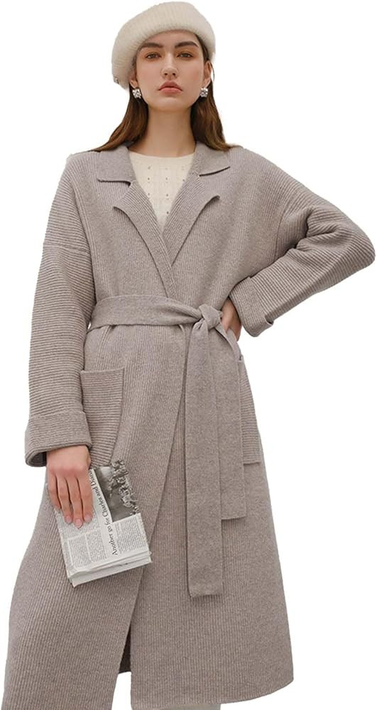 CHICWISH Women's Open Front Cardigan Long Sleeve Notch Lapel Belted Longline Coatigan Ribbed Knit... | Amazon (US)