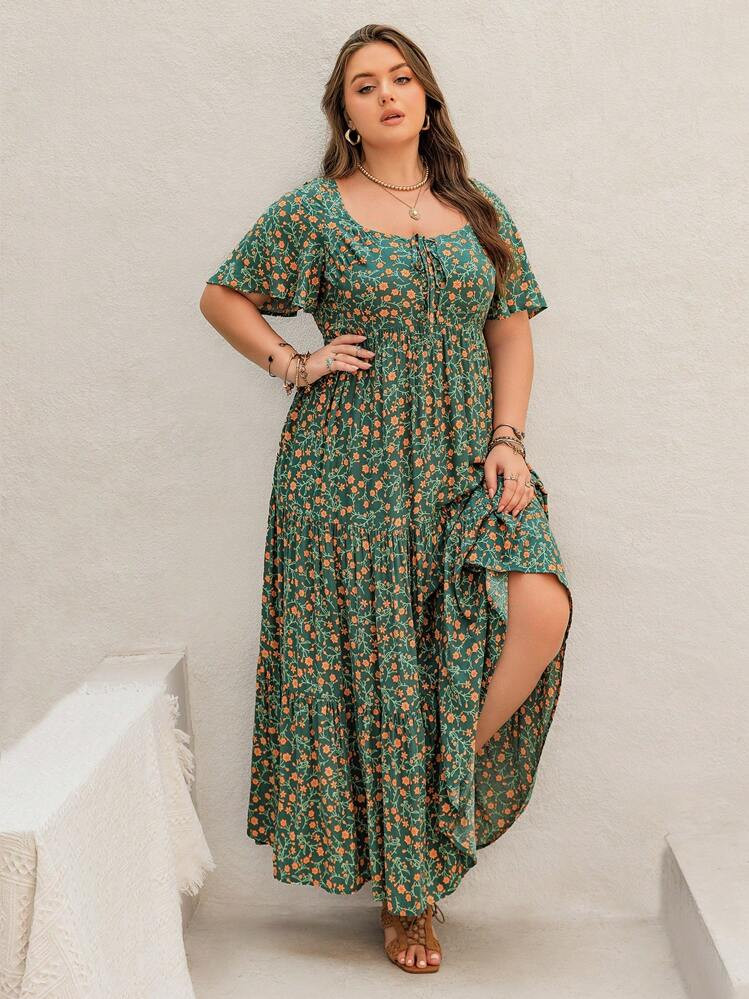 Rusttydustty Bohemian Green Floral Print Tie Flowing A Hem Casual Plus Size Dress Boho Easter Bea... | SHEIN