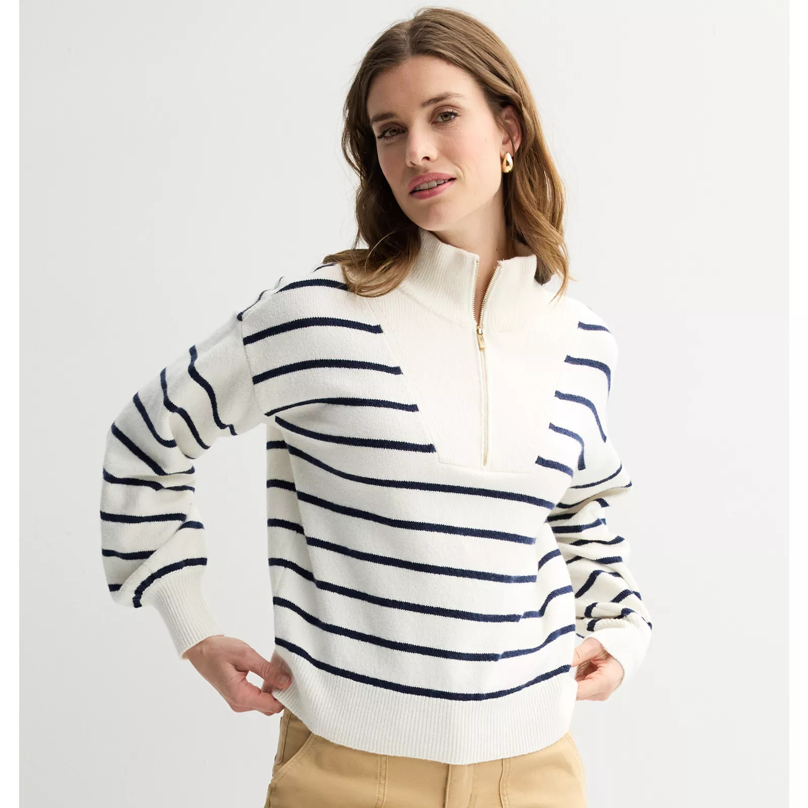 Women's Draper James Quarter Zip Pullover Sweater, Size: Small, Ivory Navy Stripe | Kohl's