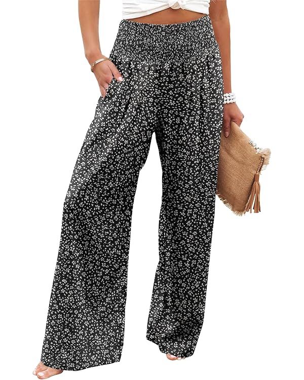 Angerella Womens Elastic High Waisted Palazzo Pants Casual Wide Leg Long Lounge Pant Trousers wit... | Amazon (US)