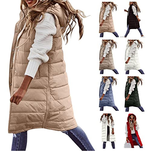 QXQYGRZ Womens Long Puffer Vest Sleveless Hoodies Jacket Full Zipper Quilted Vest Long Down Coats Thickened Warm Windbreakers | Amazon (US)