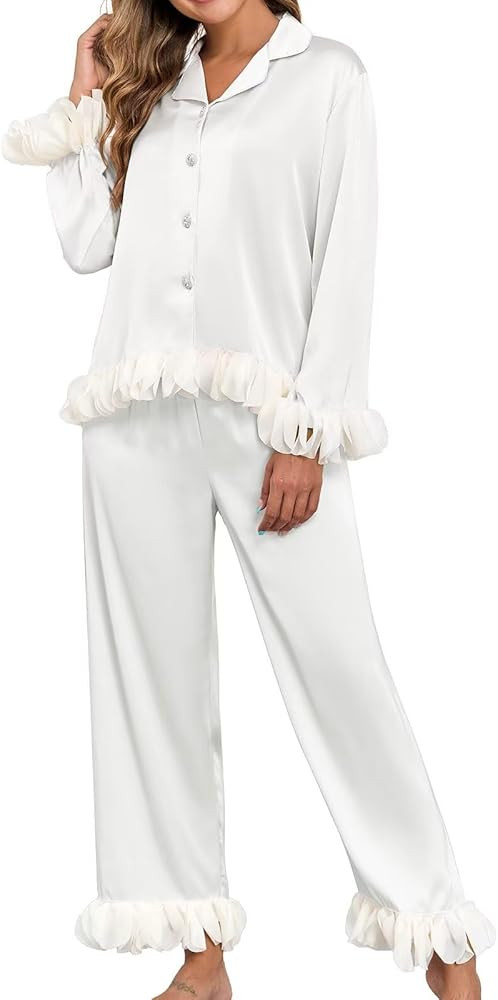Brosloth Womens Silk Pajamas Long Sleeve Button Up Pajama Cute Soft Satin Fall Pjs Sets 2 Piece L... | Amazon (US)