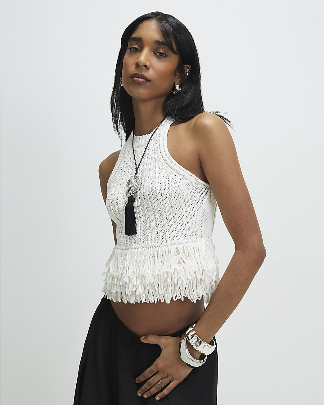 Cream Knitted Fringe Trim Vest Top | River Island UK & IE