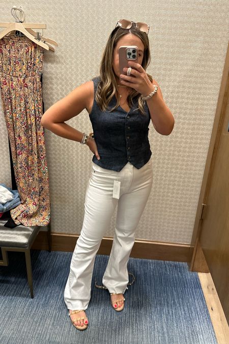 Evereve sale! Cute July 4th outfit idea. Office look. Denim vest (runs large!) white jeans (run small). 

#LTKstyletip #LTKsalealert #LTKunder100