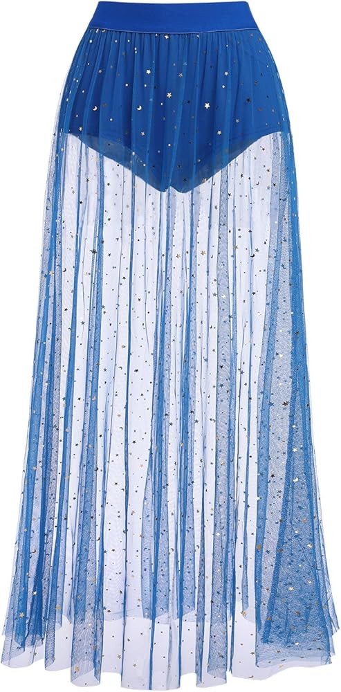 IBTOM CASTLE Women 2 in 1 Transparent Mesh Skirt Shorts High Waist Tulle Skirt Glitter Stars Ruff... | Amazon (UK)