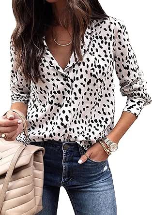 ECOWISH Womens V Neck Leopard Casual Print Tunic Long Sleeve Button Down Shirt Tops 235White M at... | Amazon (US)