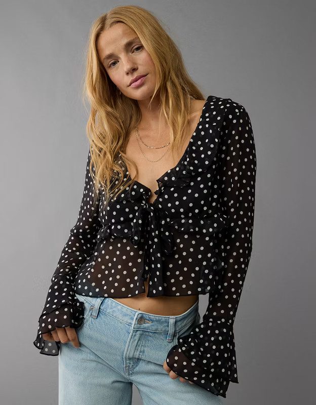 AE Long-Sleeve Ruffle Babydoll Blouse | American Eagle Outfitters (US & CA)