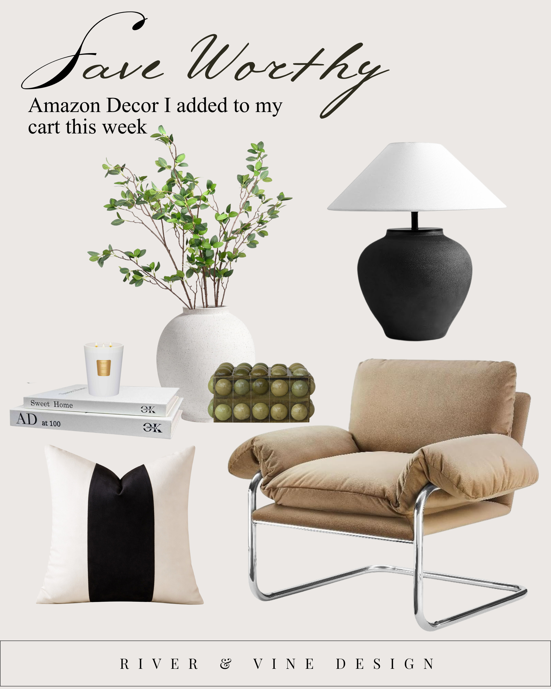 Save-worthy Amazon decor that feels designer (without the designer price tag).

This week’s cart is full of warm neutrals, sculptural silhouettes, and that perfect high-contrast moment:

• A chunky ceramic lamp with a crisp white shade
• A cloud-like camel accent chair with chrome base
• Olive bead decor for a subtle earthy pop
• Minimal greenery in a textured vase
• A bold black + ivory pillow that instantly elevates a sofa
• Coffee table books + a clean candle for that layered look

It’s giving: elevated, cozy, curated — but still approachable.

If you love warm minimalism with depth and contrast, you’re going to want to save this one. 

 #LTKHome